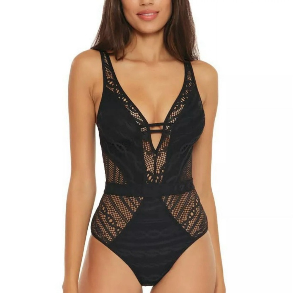 NWT Becca by Rebecca Virtue BLACK Color Play Crochet One Piece Swimsuit, small